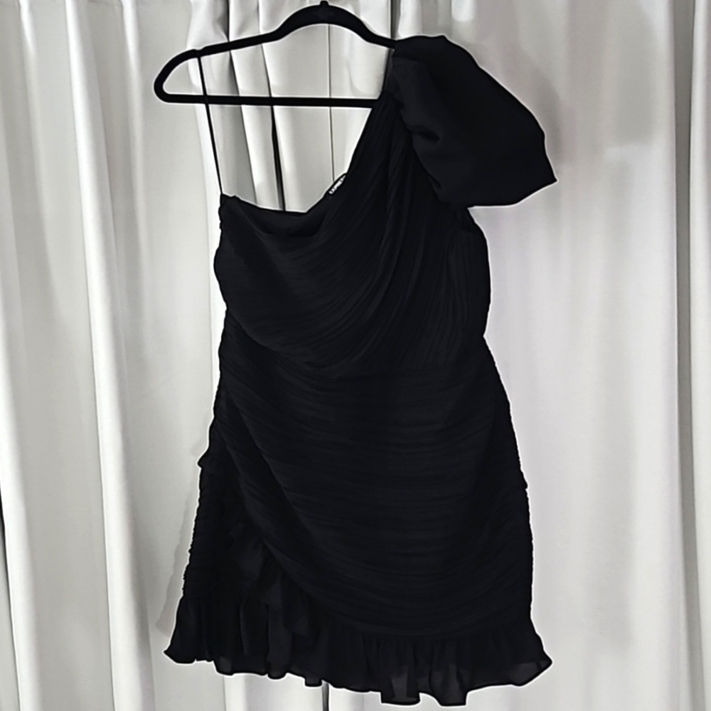 Express Black One Puff Shoulder Rushed Ruffle Mini Dress,  SIZE L